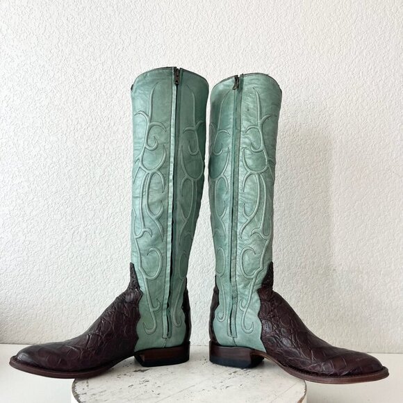 Rod Patrick Womens Knee High Cowboy Boots 5.5 C Brown Caiman Turquoise Western - Picture 7 of 12
